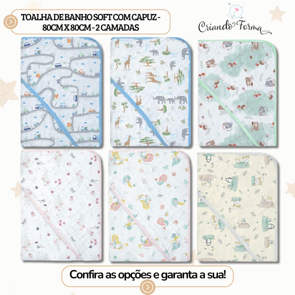 Toalha de Banho Soft com Capuz - 2 Camadas de Fralda - Tecido 100% Algodão - 80cm x 80cm