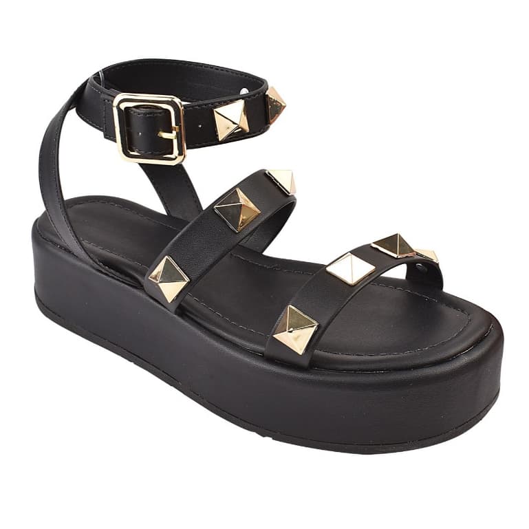 Sandália Feminina Papete Plataforma Flat Tiras com Spike Pirâmide Ajuste Fivela Sola 4CM