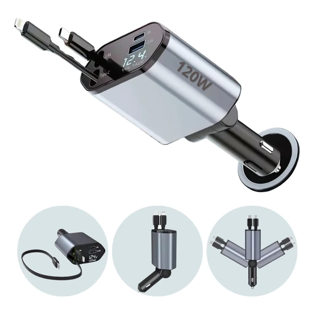Carregador Veicular Para iPhone 120w Turbo 4 Em 1 Com Cabo