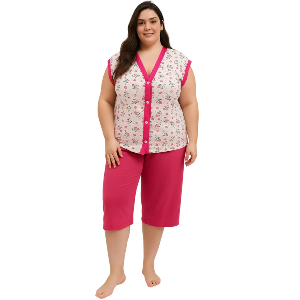 Pijama Feminino Plus Size Pescador Estampa Floral Manga Curta Botão Gola V Bermuda Conjunto Dormir