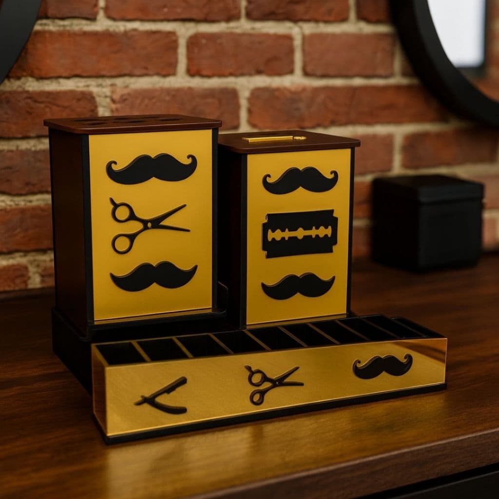 Kit Barbearia Descarte Lâminas Suporte Tesouras Porta Pentes em MDF Espelhado