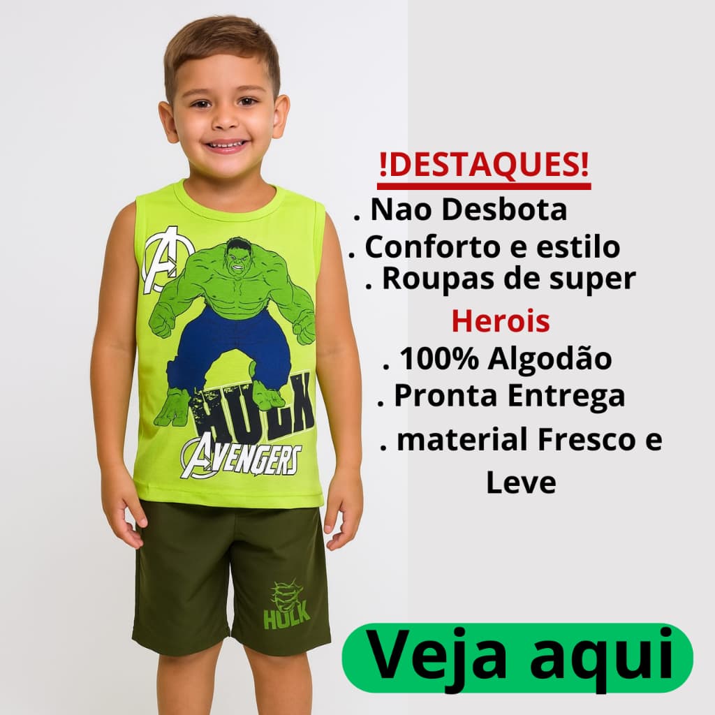 Conjunto Infantil Masculino Kit Regata e Bermuda 100% algodão temática Hulk,Batman,Homem Aranha Roupa Menino de Verão