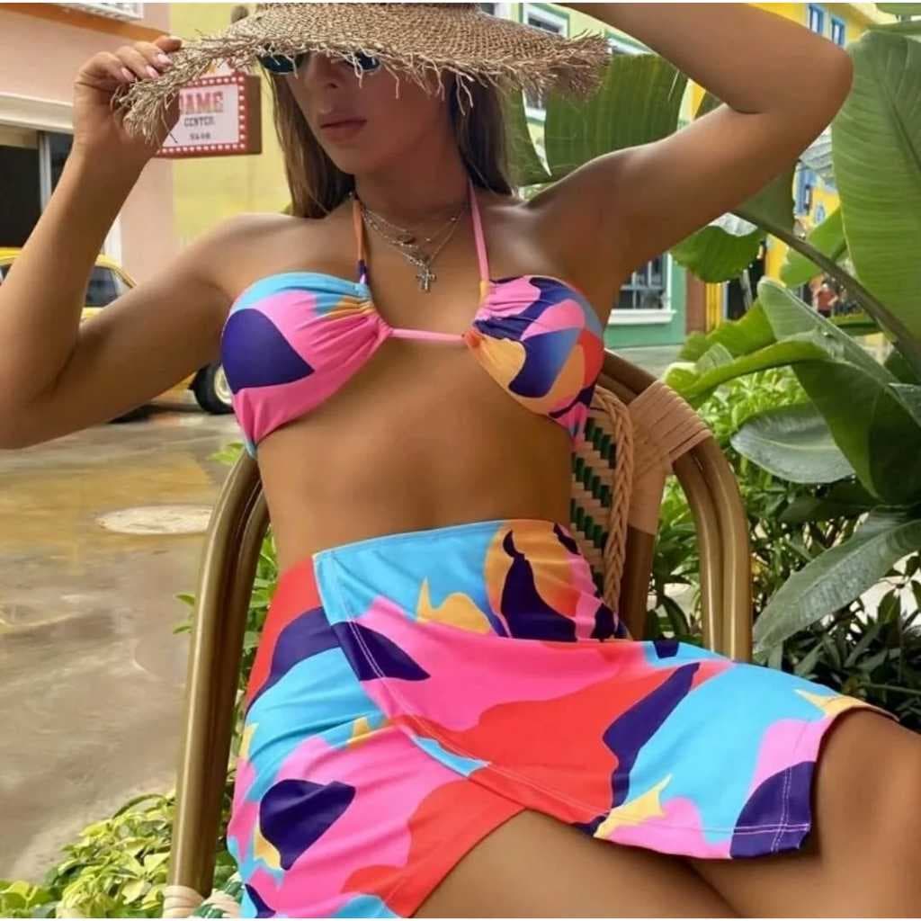 BIQUINE ESTAMPADO COM SAIDA DE PRAIA 3 PEÇAS