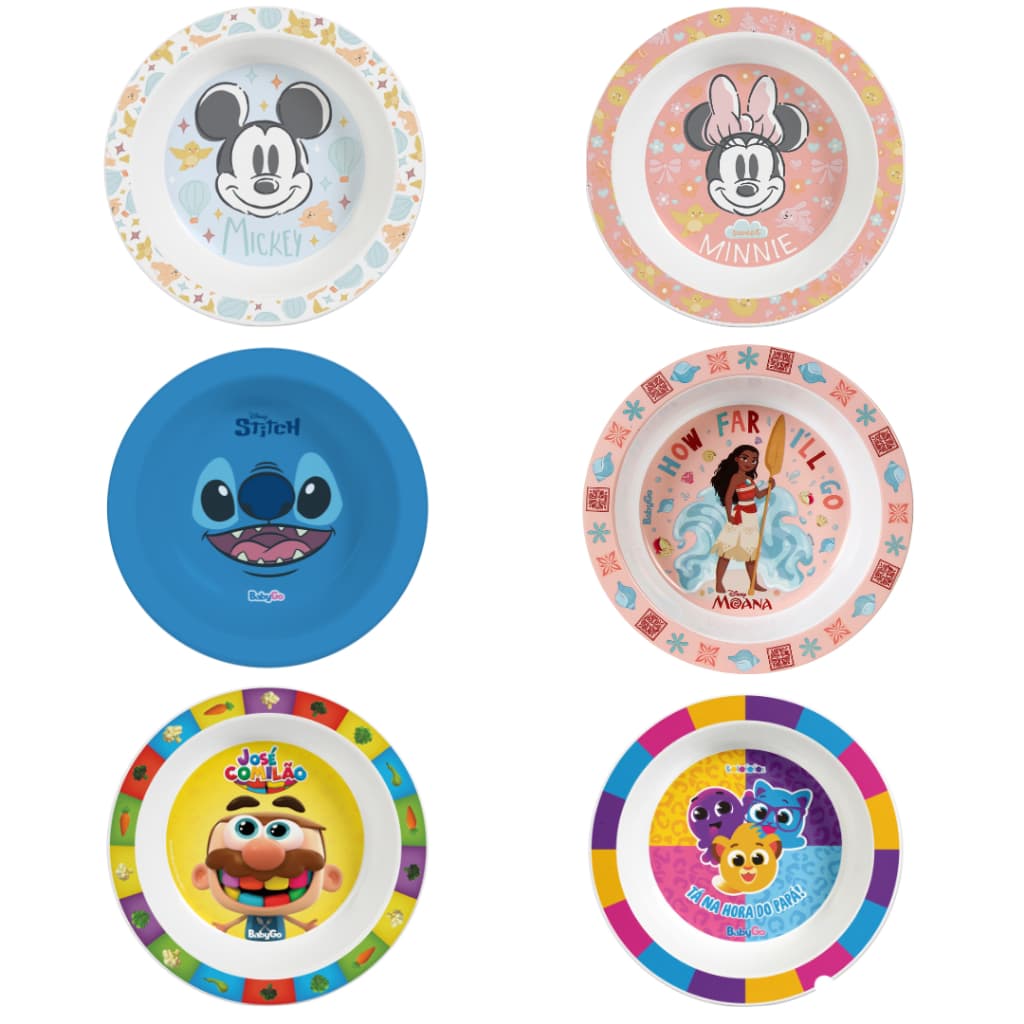 Prato Infantil BabyGo Produto Disney–Mickey, Minnie, Moana, Stitch, José Comilão e Bolofofos