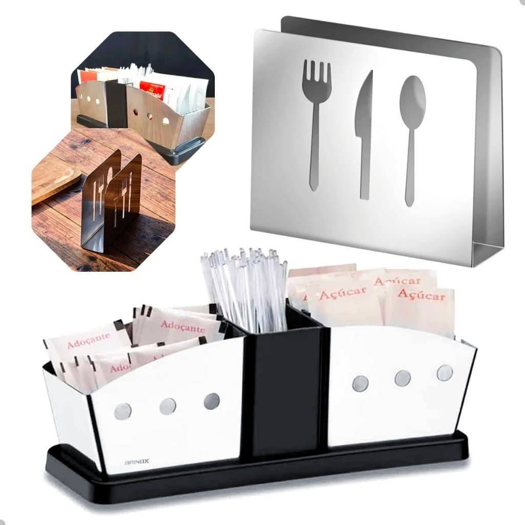 Kit Suporte Sachê Açúcar/ Sal e Paliteiro , Porta Guardanapo Aço Inox