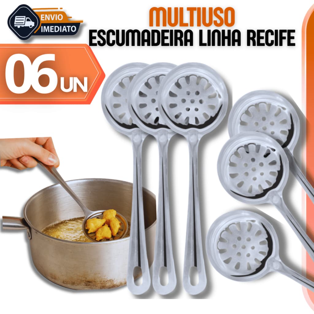 Escumadeiras Inox para Frituras e Arroz  Linha Recife Alta Qualidade Resistência Durabilidades  Escumadeira Cozinha