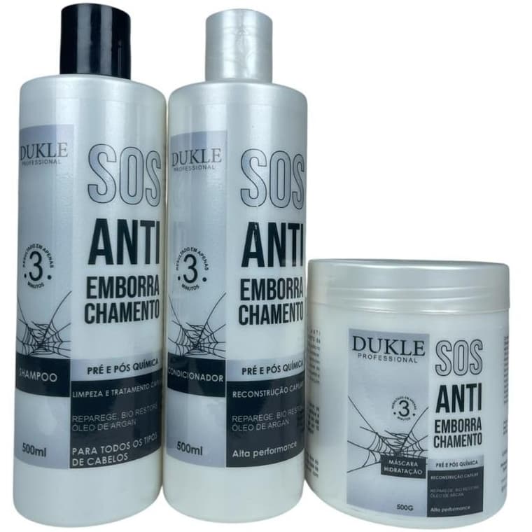 Kit SOS Antiemborrachamento Reconstrução dos Fios 3 Passos Pré e Pós Química Dukle Professional