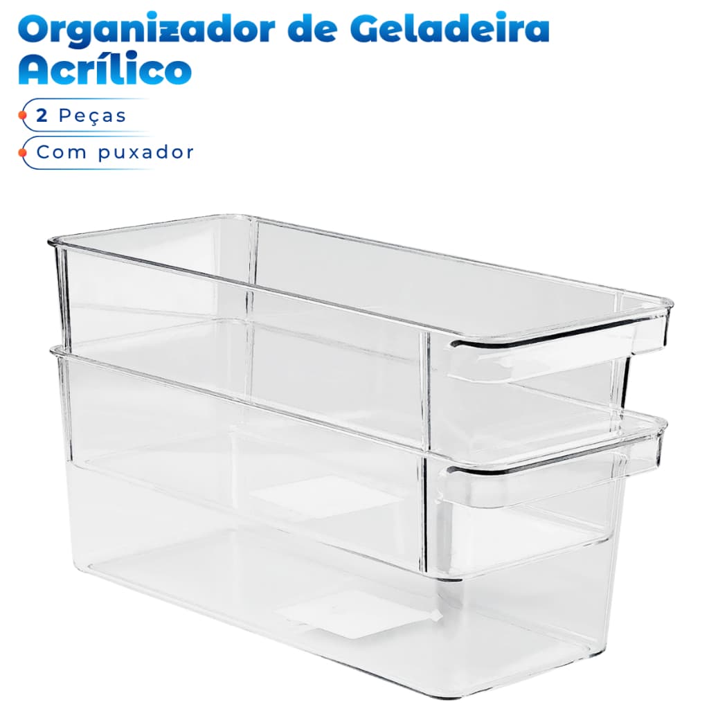 2 Organizador 26,8 x 11 x 10 Cristal Transparente de Geladeira Armário Cozinha Dispensa