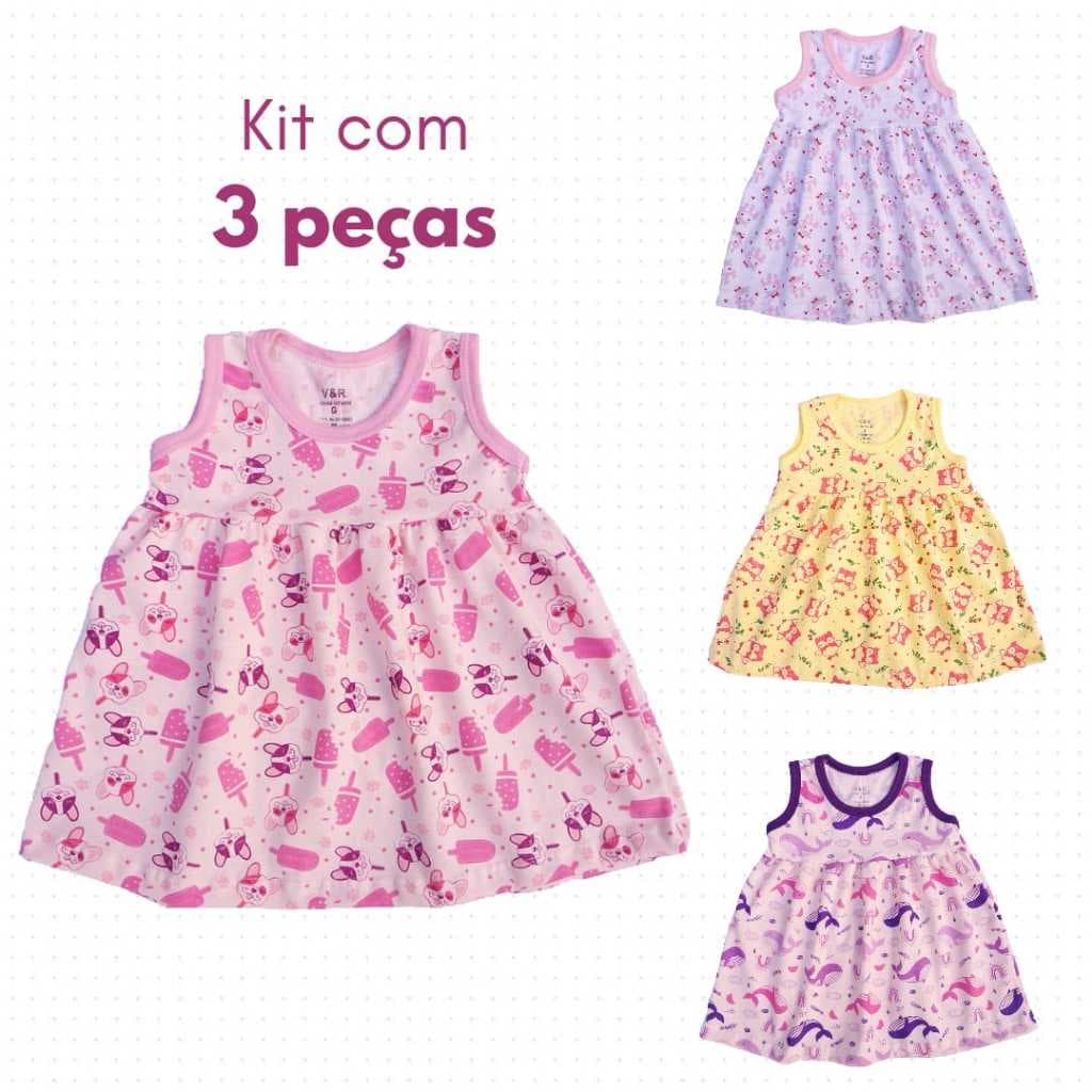 Kit 3 Vestidos Bebê Menina (100% Algodão) Super Confortável Novidades