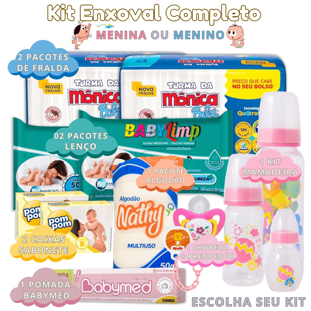 Kit Trio Mamadeira + 2 Pacotes de Fralda Turma da Mônica + 2 Pacotes de Lenço Umedecido + 2 Sabonete