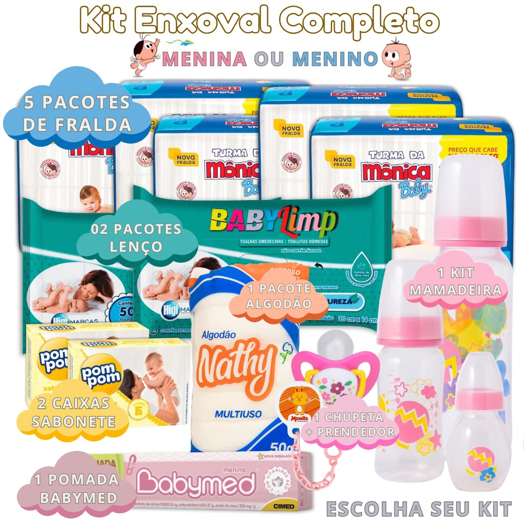 Kit Enxoval 5 Pacotes de Fralda + Trio Mamadeira + 1 Chupeta + 2 Lenço Umedecido + 2 Sabonete Baby
