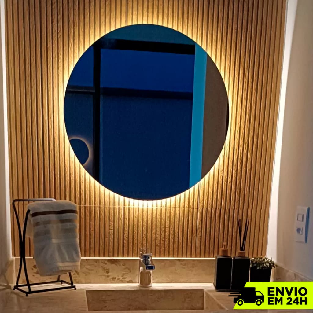 Espelho Lapidado Redondo 50cm com LED Frio ou Quente para Banheiro Quarto Sala Lavabo