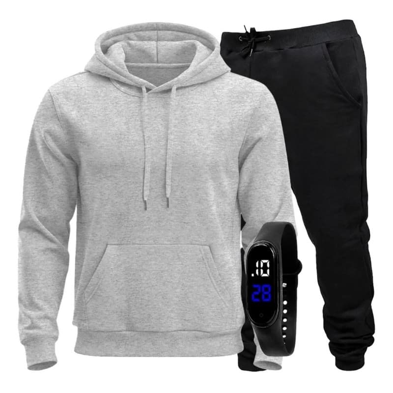 Conjunto moletom liso blusa+calça+relógio suéter masculino casaco feminino frio