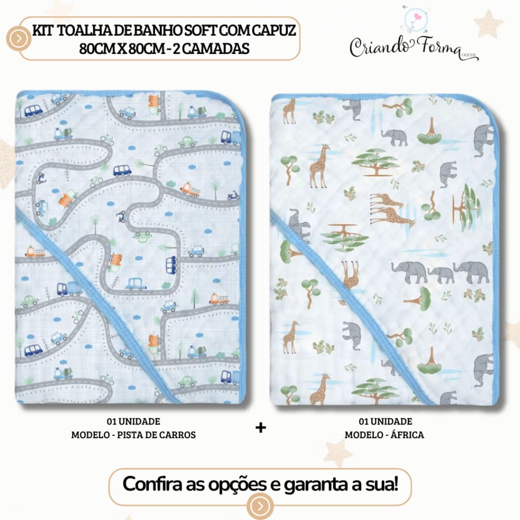 Kit com 2 Toalhas de Banho Soft c/ Capuz - 2 Camadas de Fralda - Tecido 100% Algodão - 80cm x 80cm