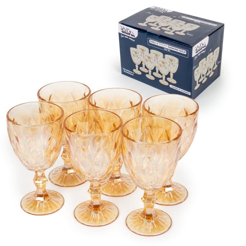 Conjunto 6 Taças de Vidro Diamond Gold 325ml Design Luxuoso Dourado Metalizado Mesa Elegante
