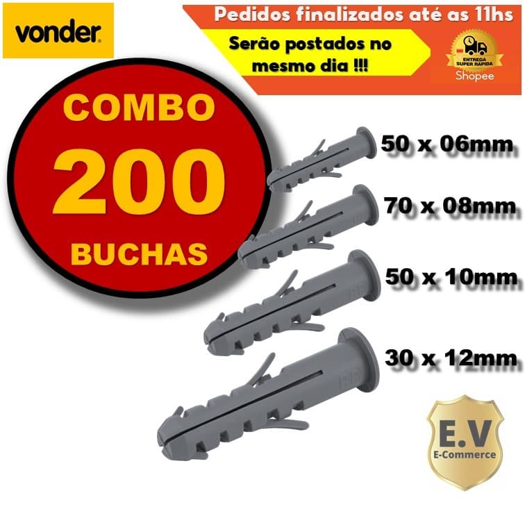 Kit Combo 200 Buchas Fixação Com Anel Para Uso Em Concreto Tijolos (50pcx6mm+70pcx8mm+50pcx10mm+30pc12mm)