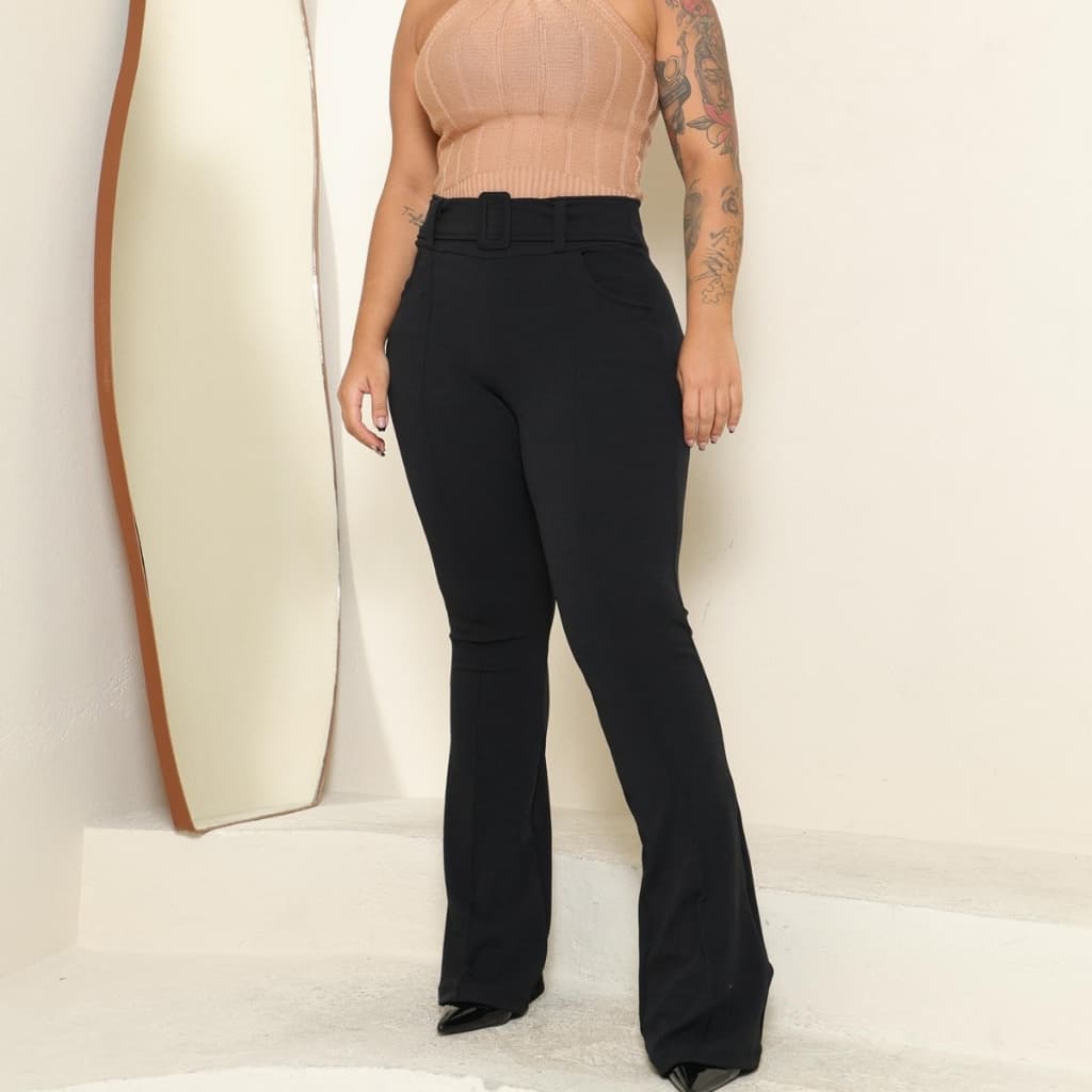 Calça Feminina Flare em Crepe com Cinto Forrado | Cintura Alta, Modelagem Skinny