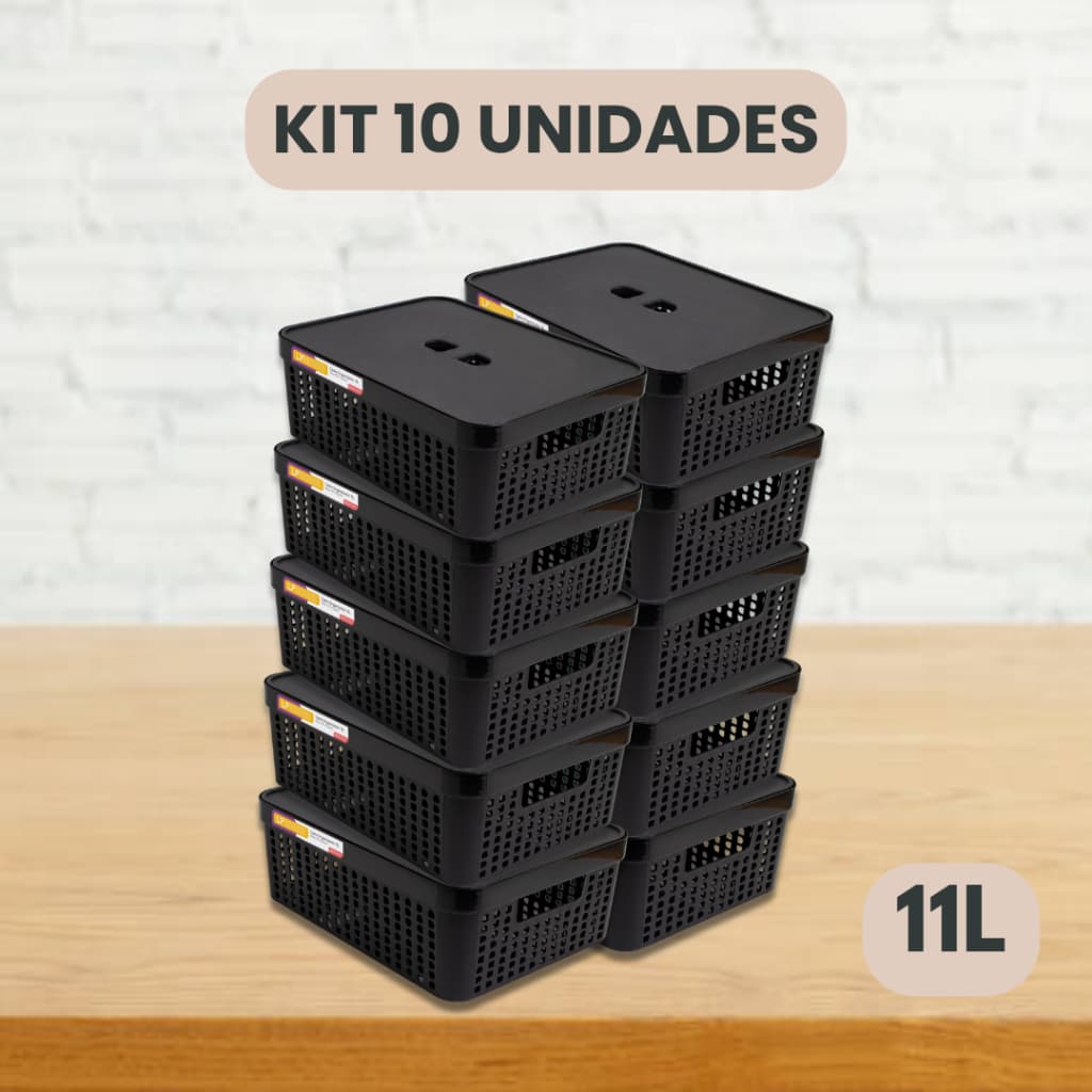 Kit 10 Cestos Organizadores c/Tampa Rattan 11 litros Multiuso Ideal para armário e gavetas LP HOUSE