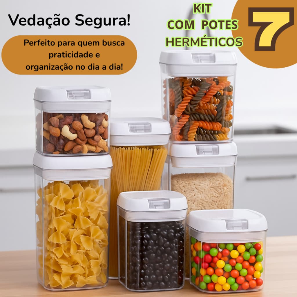 Kit 3ou 7Potes Herméticos Transparente Acrílico Tampa Vedação Silicone Empilhaveis Alimentos Cozinha