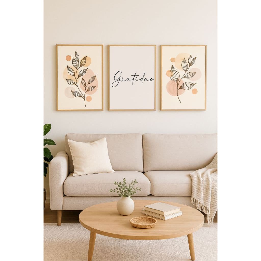 Quadro Decorativo Gratidão Folhas Minimalista  Kit 3 Peças MDF Para Sala Quarto Escritório 3 Peças