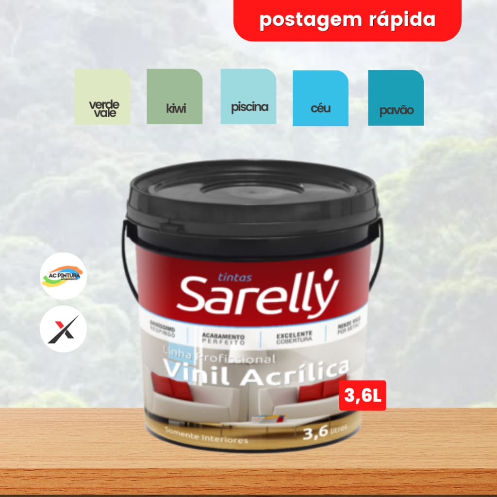 Tinta Vinil Acrílica Parede Interna Sarelly Galão 3,6L Kiwi | Verde Vale | Piscina | Céu | Pavão