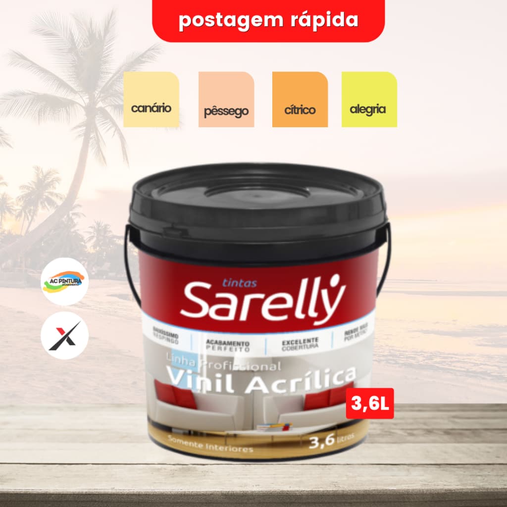 Tinta Parede Interna Sarelly Vinil Acrílica Galão 3,6L Canário | Pêssego | Cítrico | Alegria