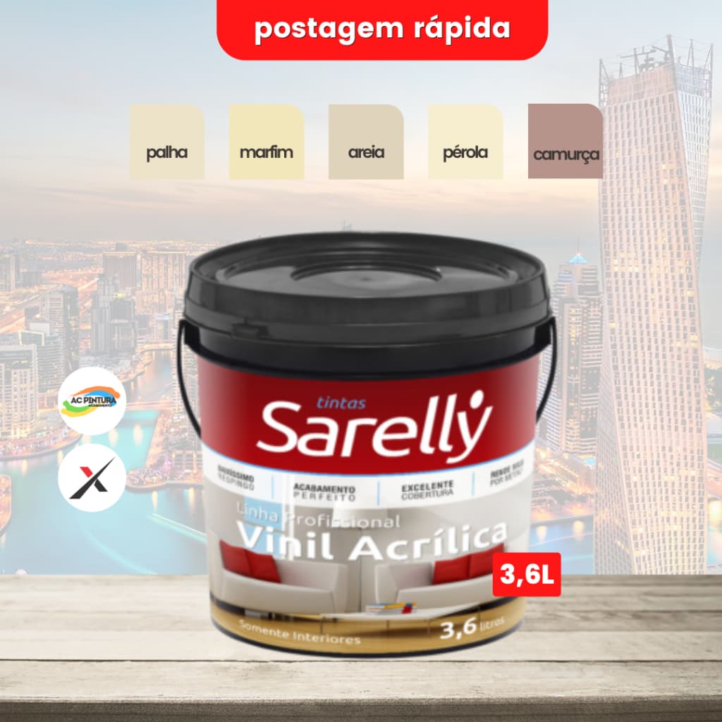 Tinta Sarelly Paredes Vinil Acrílica Galão 3,6L Palha | Areia | Pérola | Camurça | Marfim