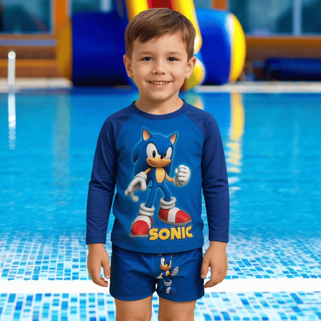 Conjunto Infantil Sonic Proteção Solar UV 50+ Camiseta + Sunga Praia Piscina Tam 2 ao 8