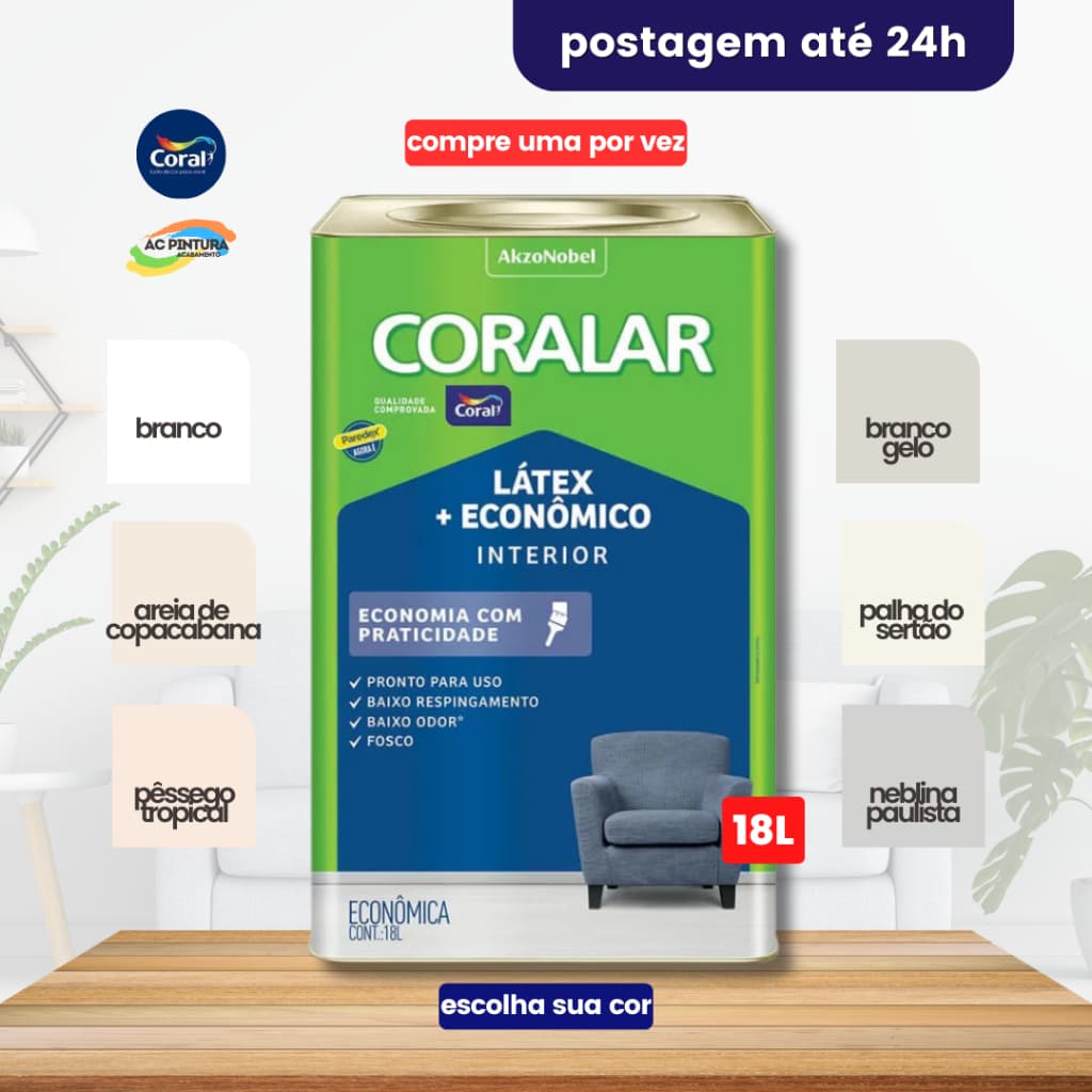 Tinta Coral Coralar +Econômica Látex Interno Pronto Pra Uso Fosca Lata 18L Escolha a Cor