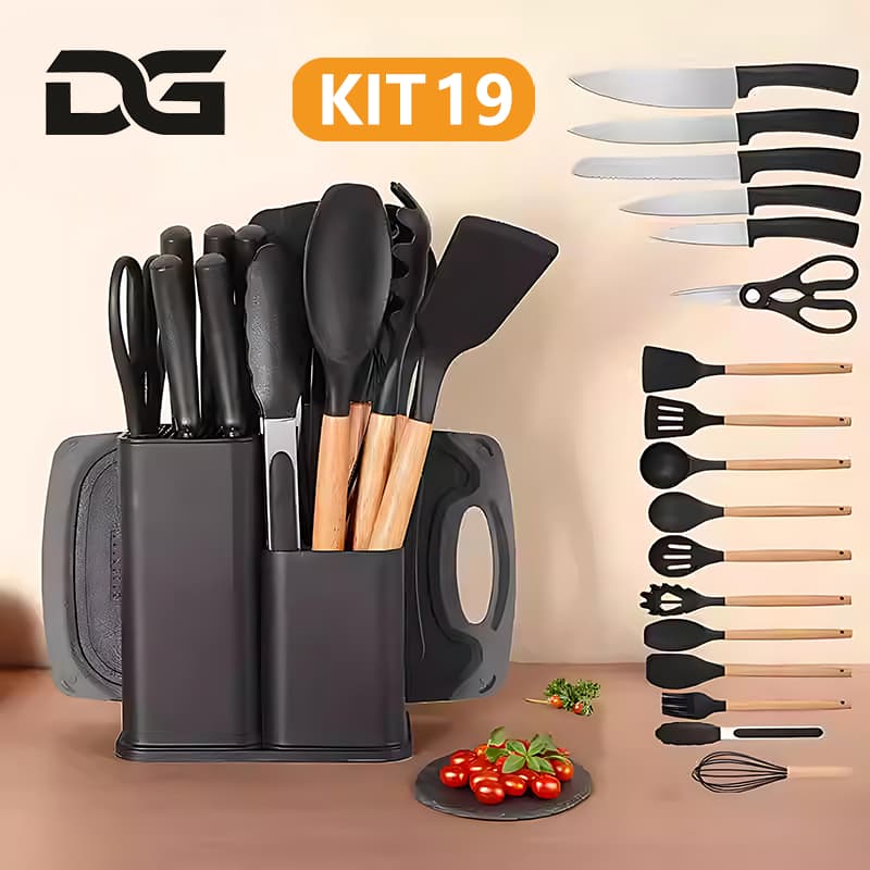 19 Peças Jogo Utensílios de Cozinha Completo Kit Completo Com Tábua Espátula Faca Tesoura R9