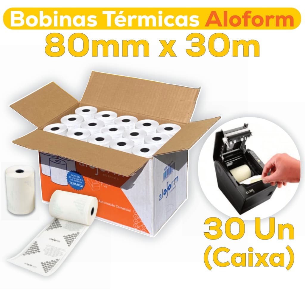 Bobina Térmica 80x30 Aloform Caixa com 5/10/30 Rolos  Papel Cupom Fiscal Branca Pdv impressora