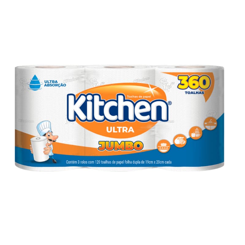 Papel Toalha Kitchen Jumbo Pack com 3 Unidades