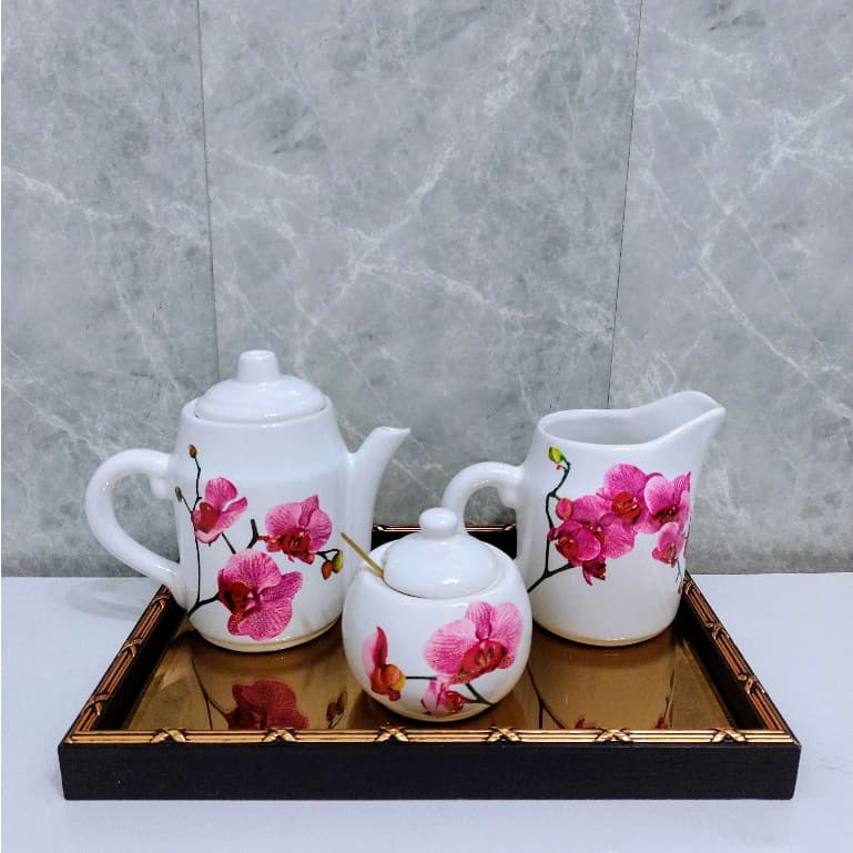 Jogo 3 peças Café Da Manhã Chá Bule 1000ml Leiteira 850ml Bule Chá 700 e Açucareiro 380 ml Flor de Orquídea