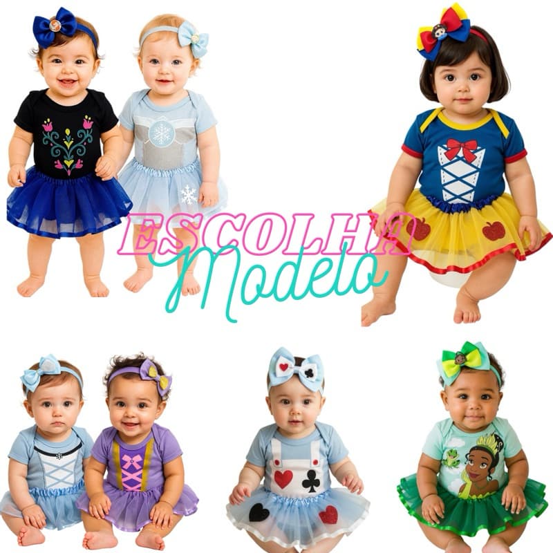 Body Bebê Princesas + Laço + Saia Tutu - Mesversário - Escolher - Temático