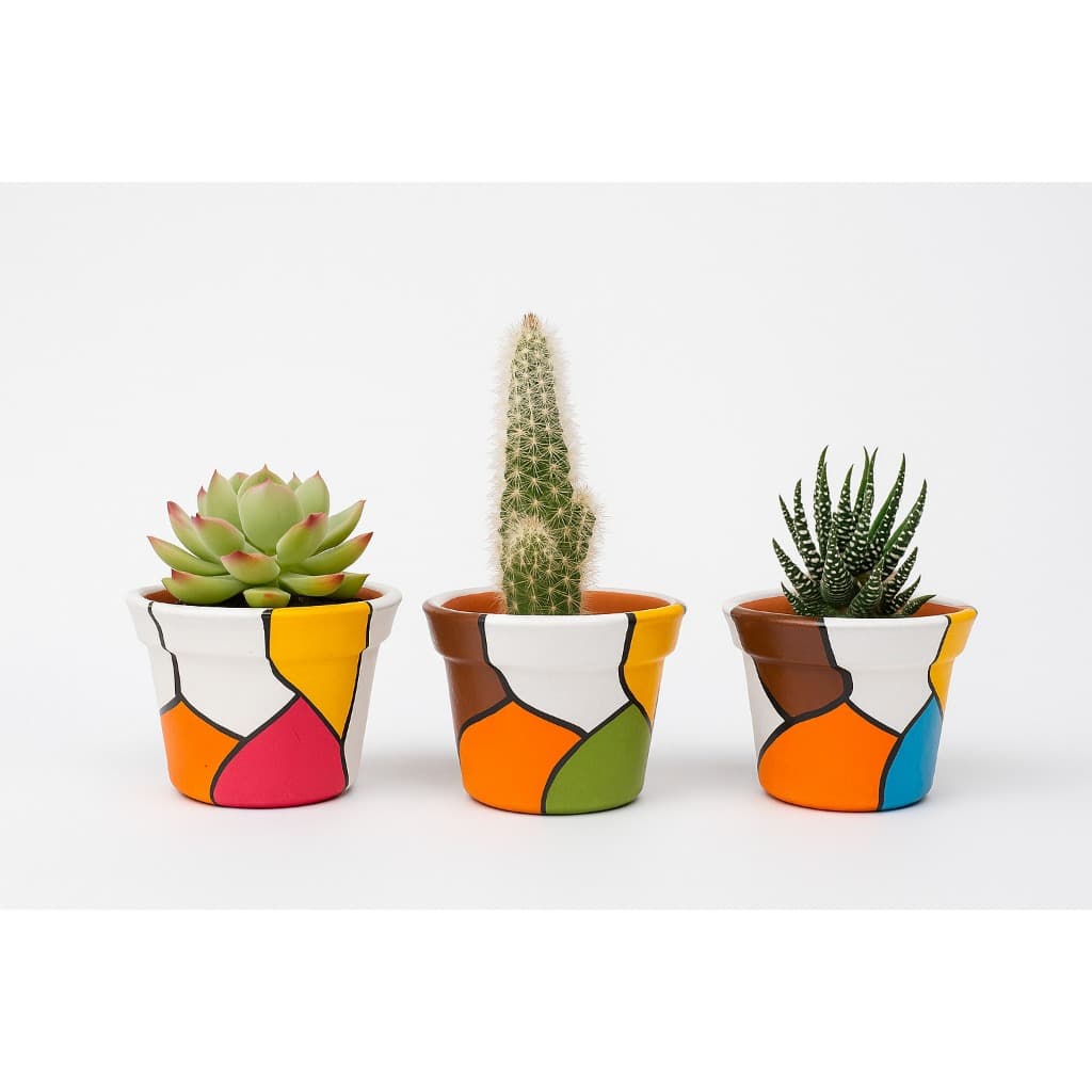 Kit 3 Vasos de Cerâmica Pintados à Mão – Design Abstrato Colorido para Suculentas e Cactos