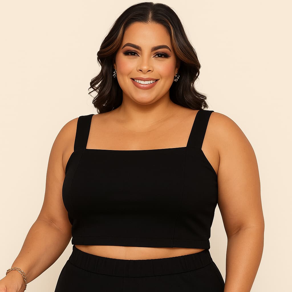 Cropped Plus Size Feminino – Alça Larga, Decote Quadrado , estica  – G GG G1 G2, Promoção