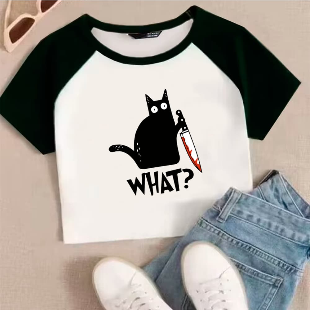 Cropped RAGLAN, Modelo GATO FACA WHAT Moda Alternativa Y2K Blogueira Grunge Punk Streetwear