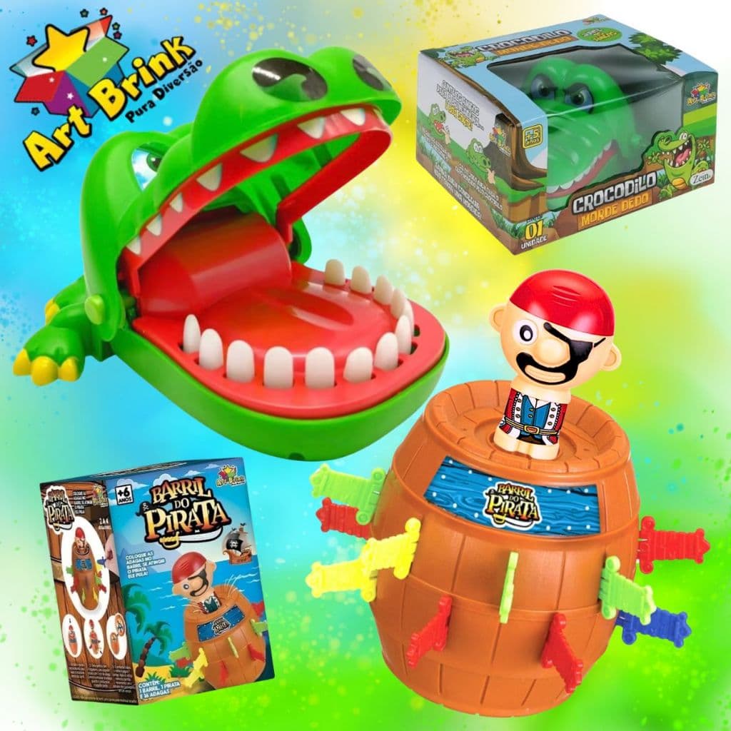 Brinquedo Jacaré Morde Dedo Crocodilo e Barril Pula Pirata Pinguim Quebra Gelo Desafio Infantil