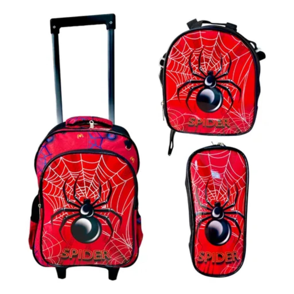 Kit Mochila Escolar Infantil Spider Aranha C/ Rodinhas 3x1