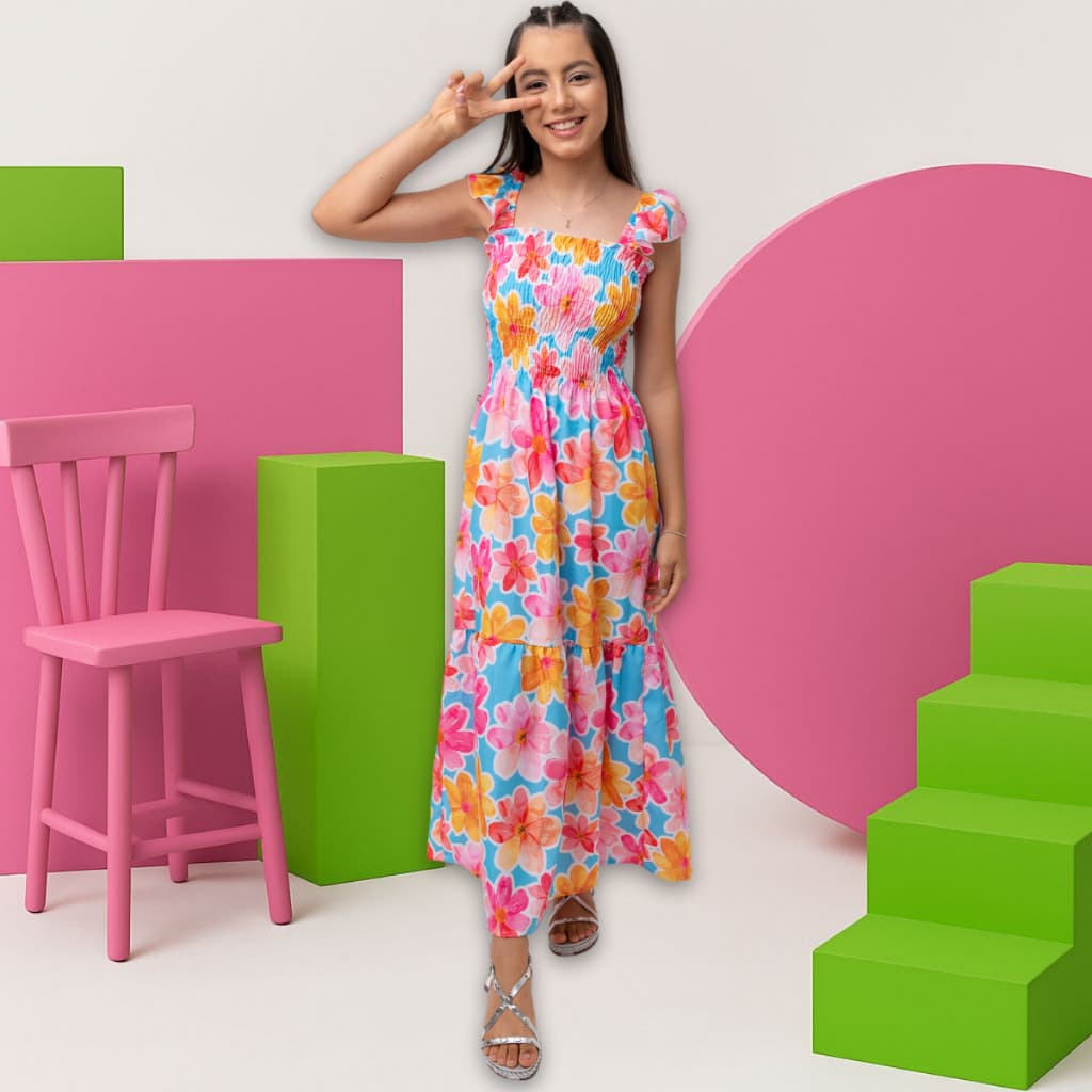Vestido Longo Infantil Juvenil Lastex Floral Menina Roupa Infantil Elastec 2 ao 14 Festa Casual Luxo