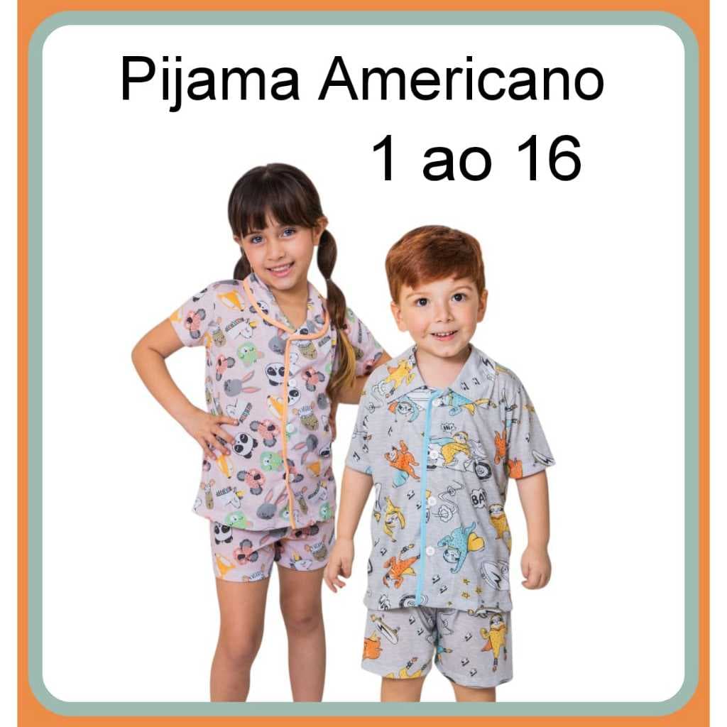 Pijama Americano Infantil  Short e Camisa com Botões Menina e Menino Mafessoni