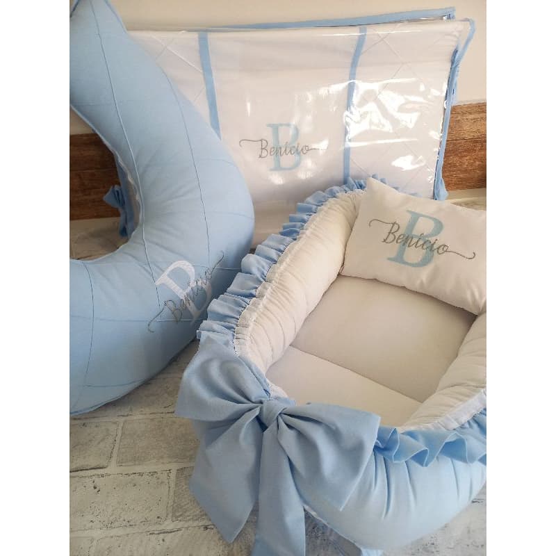Kit Trocador Anatômico, Almofada Amamentação e Ninho Branco e Azul Claro