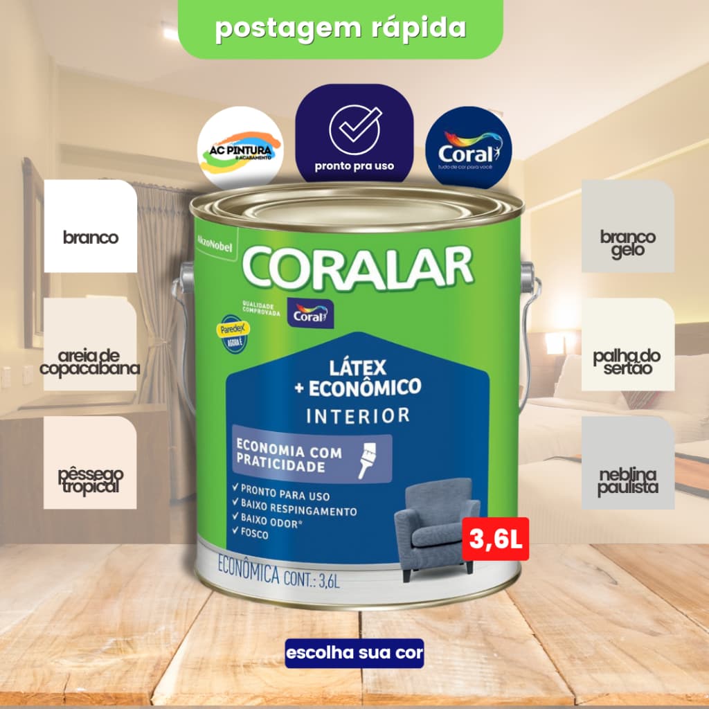 Tinta Coral Coralar Econômica Latéx Pronta Pra Uso Fosca 3,6L Branco | Gelo | Cinza | Palha | Areia