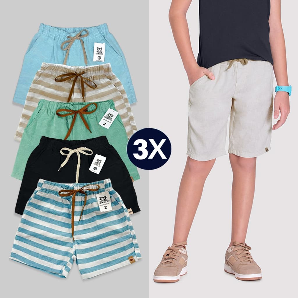 Kit 3 Bermudas Infantil Linho Menino Short Juvenil Premium