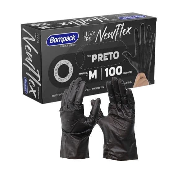 Luva Preta Descartável Newflex Bompack P M G GG  Caixa 100 Unid Hipoalergênica Sem Pó Profissional