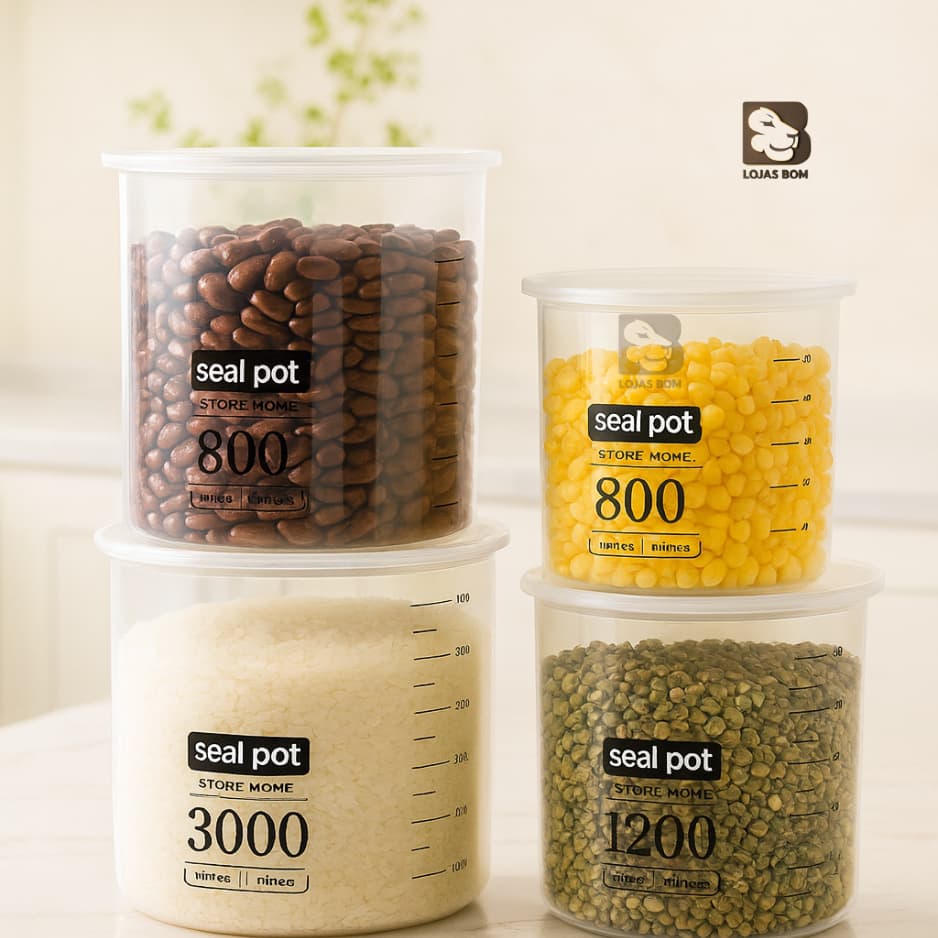 Kit 4 Potes Herméticos de Plástico Com Escala Graduada Empilhável Livre BPA Organizador Cozinha