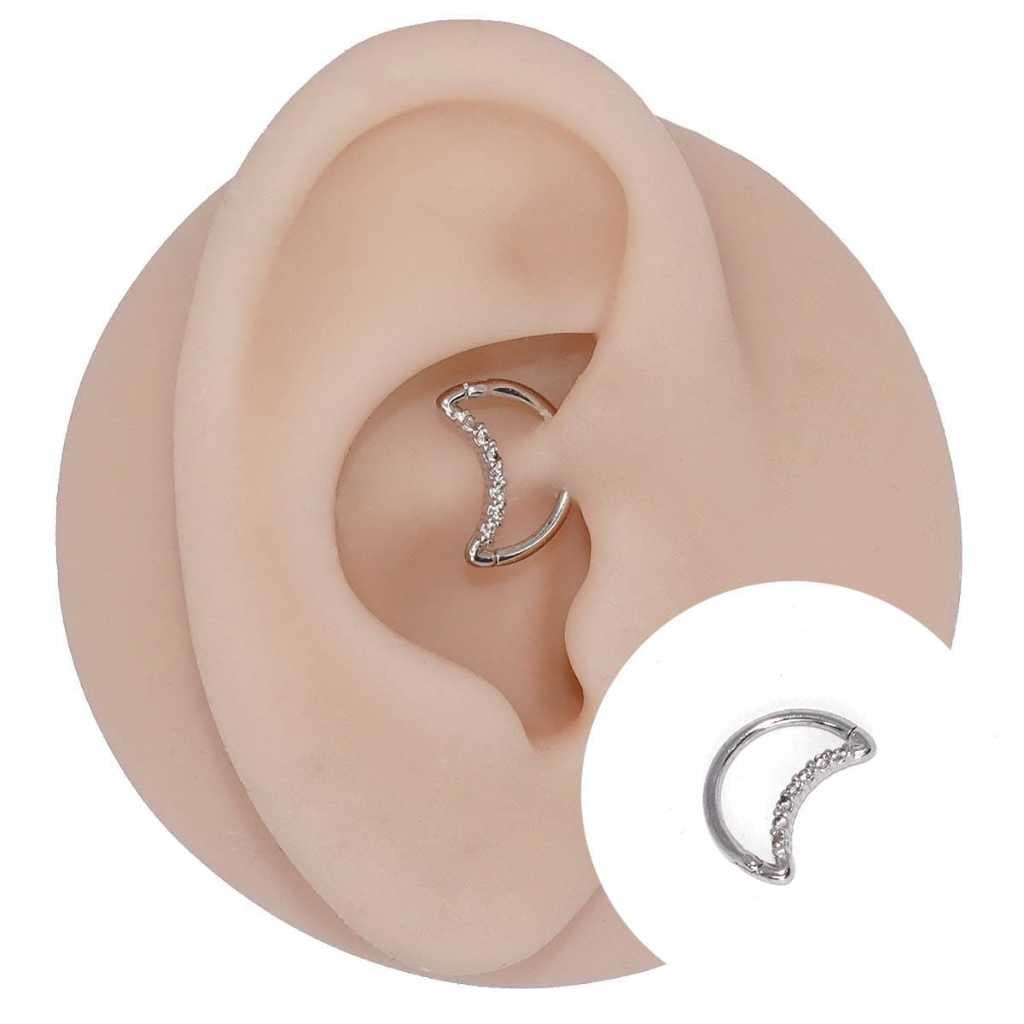 Piercing Aço Cirúrgico de Lua Zircônia Cravejada, Septril, Rook, Conch, Nariz