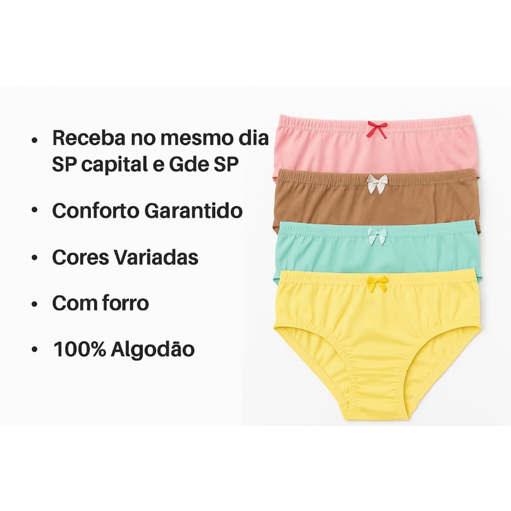 Kit 10 Calcinha 100% Algodão Infantil Menina P ao GG Feminina Algodão Antialérgica