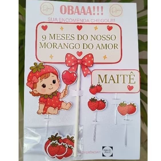 TOPPER TOPO DE BOLO MORANGO DO AMOR, MORANGUINHO, ANIVERSÁRIO,MÊSVERSÁRIO, DOCE MORANGO DO AMOR