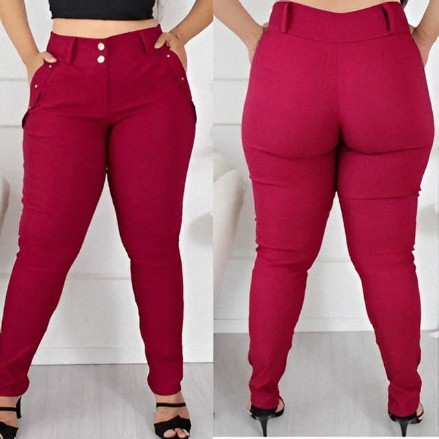 Calça Slim Feminina Bengaline Liso Cintura Alta Plus Size 38-52